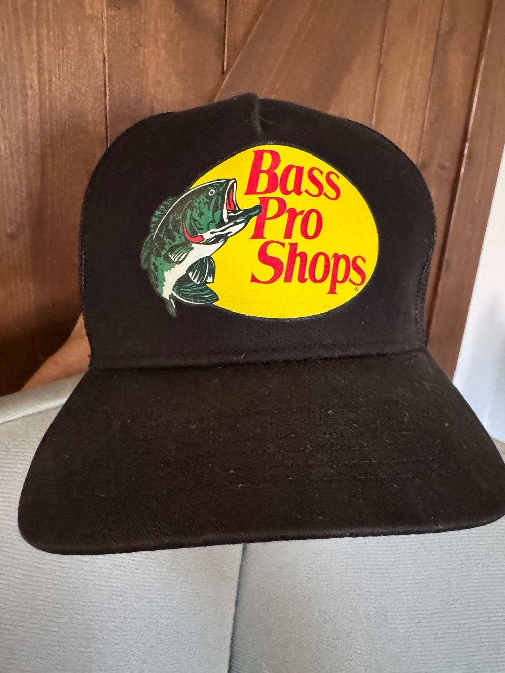 Bass Pro Shops Black Mesh TruckerCap with Yellow Logo and Fish Patch